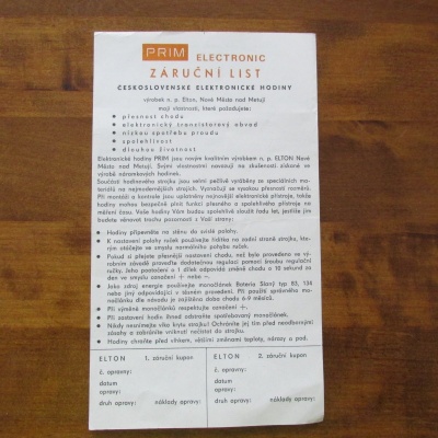 ORIGINÁLNÍ ZÁRUČNÍ LIST NA HODINY PRIM ELECTRONIC