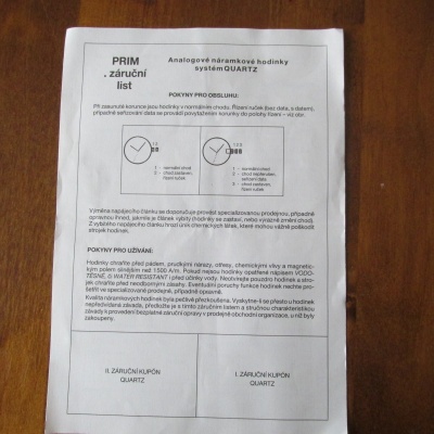 ZÁRUČNÍ LIST PRIM - NA ANALOGOVÉ NÁRAMKOVÉ HODINKY SYSTÉMU QUARTZ