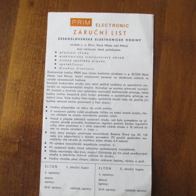 ORIGINÁLNÍ ZÁRUČNÍ LIST NA HODINY PRIM ELECTRONIC