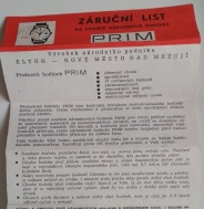 Záruční list Prim