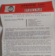 Záruční list Prim