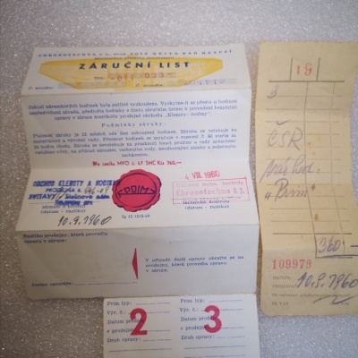 Záruční list Prim + paragon z roku 1960 