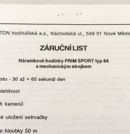 Záruční list PRIM SPORT 64 - originál