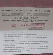 Záruční list k hodinkám Prim Orlík - reprint
