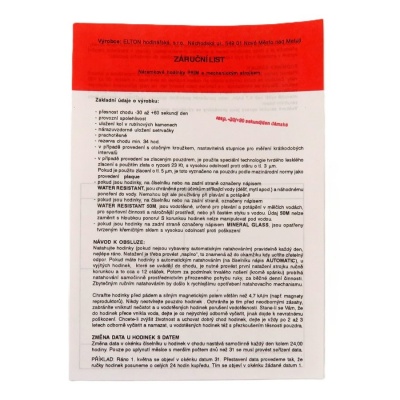 Záruční list hodinek PRIM.